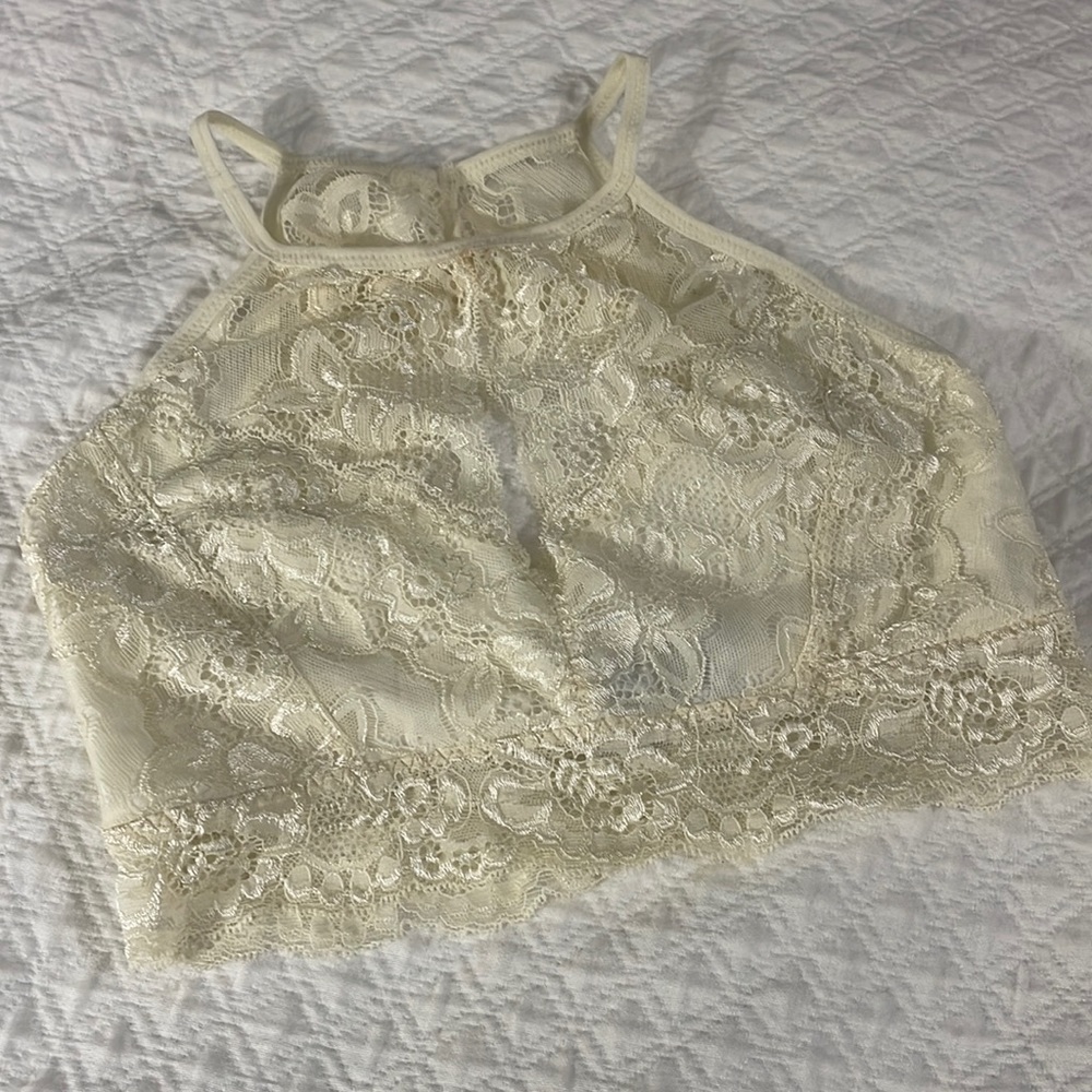 Womens fabrik ivory high neck open back creamy ivory lace crop top bra bralette